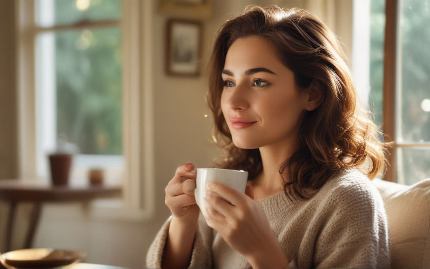 A woman sits, holding a cup of coffee, enjoying each sip with a serene expression.