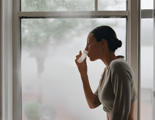 Beside a rain-streaked window, a woman inhales vapor from a small nebulizer, its mist mingling with the visible moisture outside under a gray sky.
