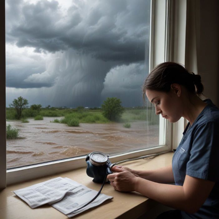 A person checks their blood pressure near a window, overlooking a stormy sky and rising floodwaters.