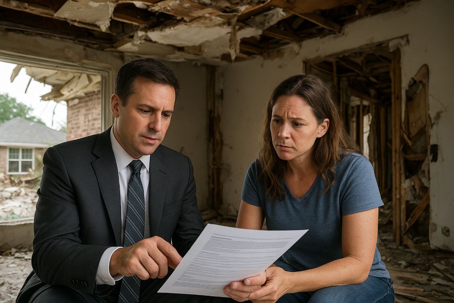 homeowner and lawyer reviewing insurance documents